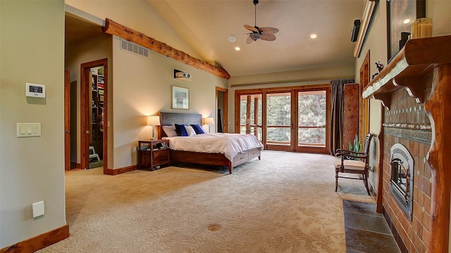 bedroom featuring carpet floors, access to outside, high vaulted ceiling, and ceiling fan