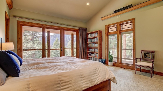 bedroom featuring light carpet, access to exterior, multiple windows, and lofted ceiling