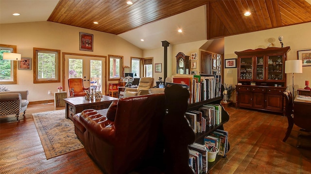 living room with french doors, dark hardwood / wood-style floors, a wood stove, and lofted ceiling