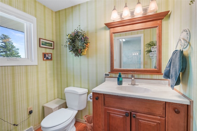 bathroom featuring hardwood / wood-style floors, vanity, and toilet