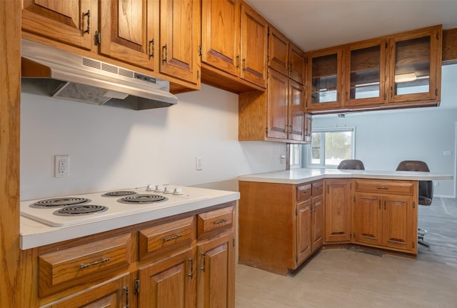 820 Bielenberg St, Deer Lodge, MT 59722 - kitchen featuring under cabinet range hood, white electric stovetop, light countertops, brown cabinets, and a peninsula