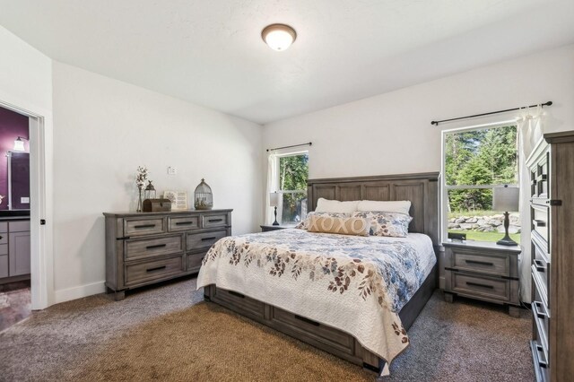 carpeted bedroom with connected bathroom