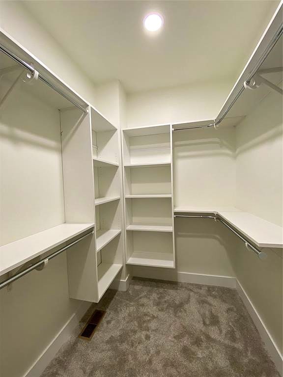 walk in closet with dark carpet