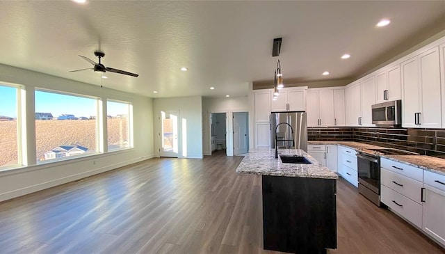 kitchen with backsplash, dark hardwood / wood-style flooring, an island with sink, appliances with stainless steel finishes, and sink