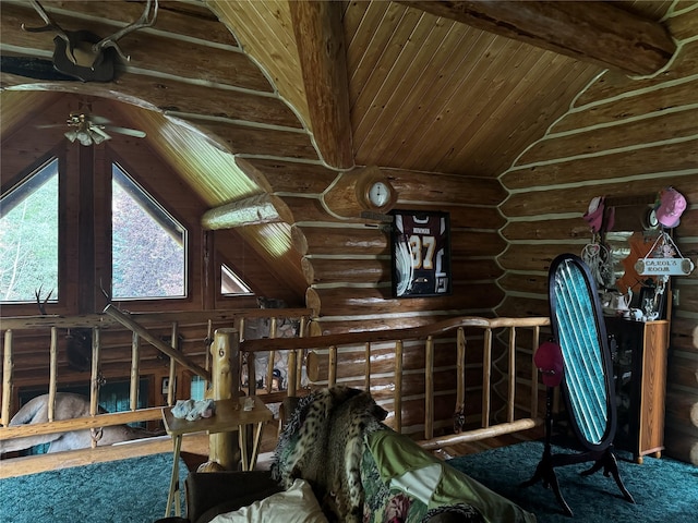 interior space with vaulted ceiling with beams and wooden ceiling