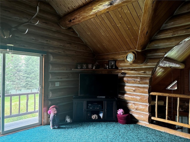 unfurnished living room featuring carpet, vaulted ceiling with beams, and wood ceiling