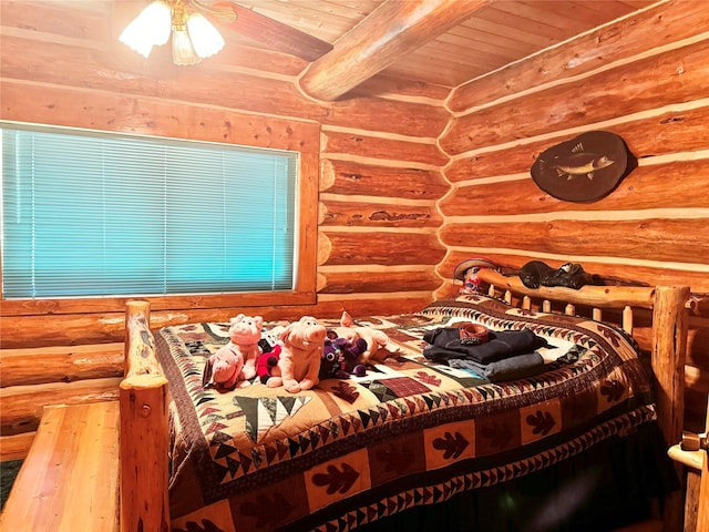 bedroom featuring wood ceiling and beam ceiling