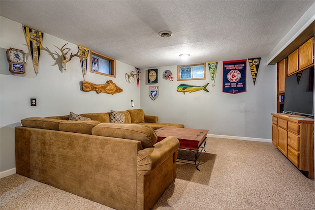 carpeted living room with a textured ceiling