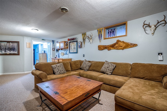 living room featuring a textured ceiling and carpet flooring