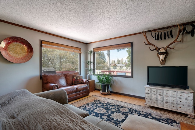 living room with a textured ceiling, light wood-type flooring, and ornamental molding