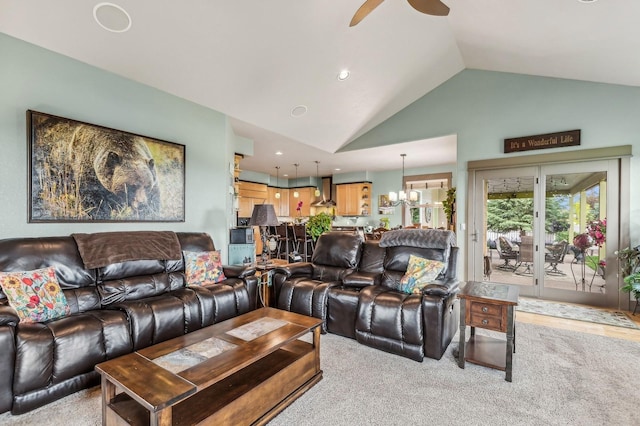 282 Mcwenneger Dr, Kalispell, MT 59901 - living room featuring lofted ceiling, ceiling fan, recessed lighting, and light colored carpet