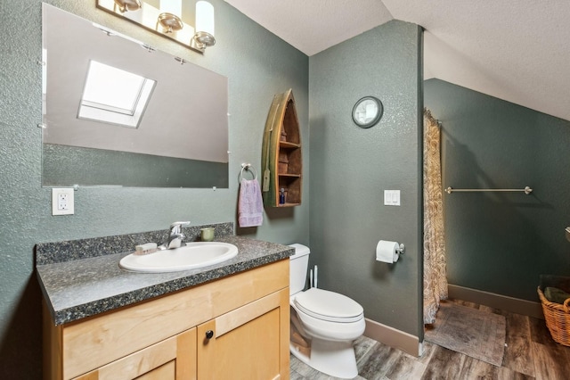 282 Mcwenneger Dr, Kalispell, MT 59901 - full bathroom featuring a skylight, a textured wall, vanity, wood finished floors, and curtained shower
