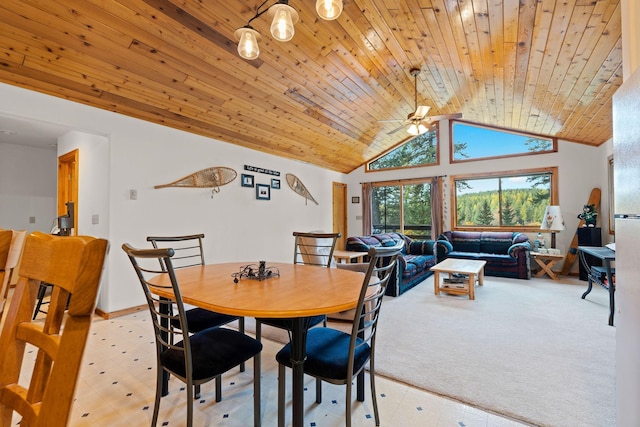 112 Glen View Dr, Eureka, MT 59917 - dining space featuring wooden ceiling, ceiling fan, and high vaulted ceiling