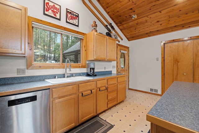 112 Glen View Dr, Eureka, MT 59917 - kitchen featuring a sink, light floors, visible vents, wooden ceiling, and stainless steel dishwasher