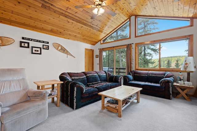 112 Glen View Dr, Eureka, MT 59917 - living area featuring wooden ceiling, ceiling fan, light carpet, and high vaulted ceiling
