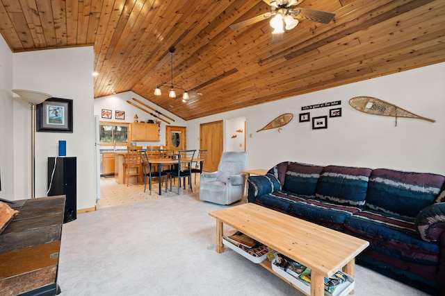 112 Glen View Dr, Eureka, MT 59917 - living area featuring wooden ceiling, light colored carpet, lofted ceiling, and a ceiling fan