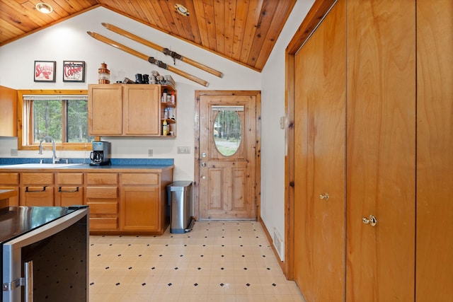 112 Glen View Dr, Eureka, MT 59917 - kitchen with wooden ceiling, vaulted ceiling, light floors, and a sink