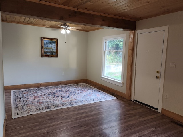 spare room featuring beam ceiling, dark wood-type flooring, wood ceiling, and ceiling fan