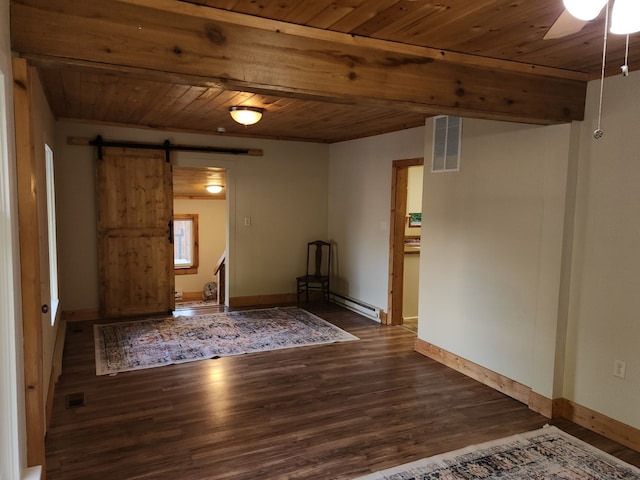 spare room featuring a barn door, wooden ceiling, and dark hardwood / wood-style floors