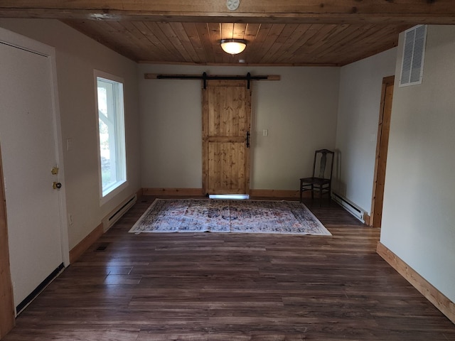 interior space with beamed ceiling, wooden ceiling, dark hardwood / wood-style flooring, and a barn door