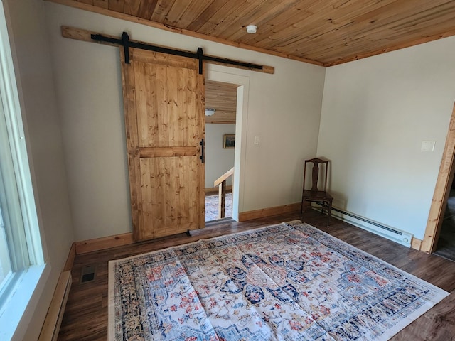 unfurnished bedroom featuring a baseboard radiator, wood ceiling, dark hardwood / wood-style flooring, and a barn door