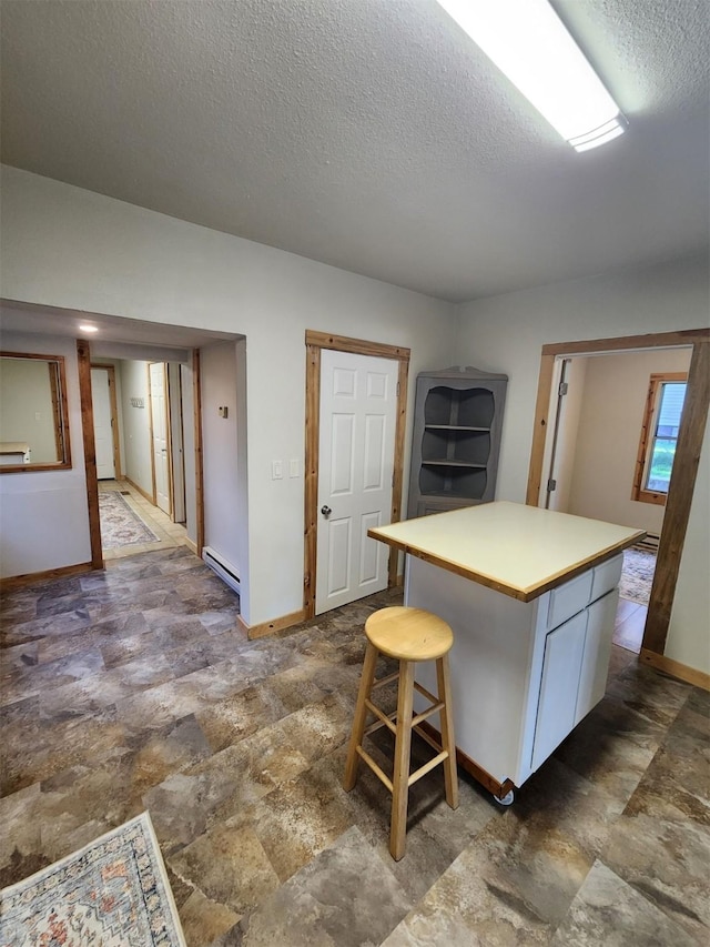 213 Washington St, Thompson Falls, MT 59873 - kitchen featuring a baseboard heating unit, stone finish floor, a textured ceiling, and baseboards