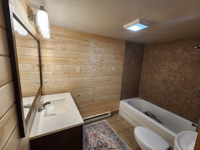 full bathroom with tile patterned flooring, wooden walls, toilet, vanity, and baseboard heating