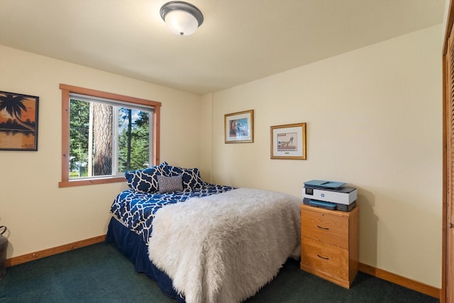 bedroom with dark colored carpet