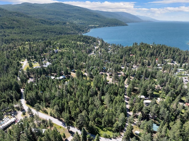 aerial view featuring a water and mountain view