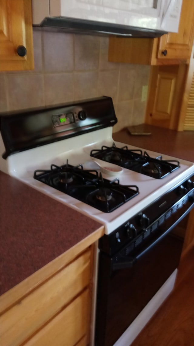 kitchen featuring tasteful backsplash and white gas range