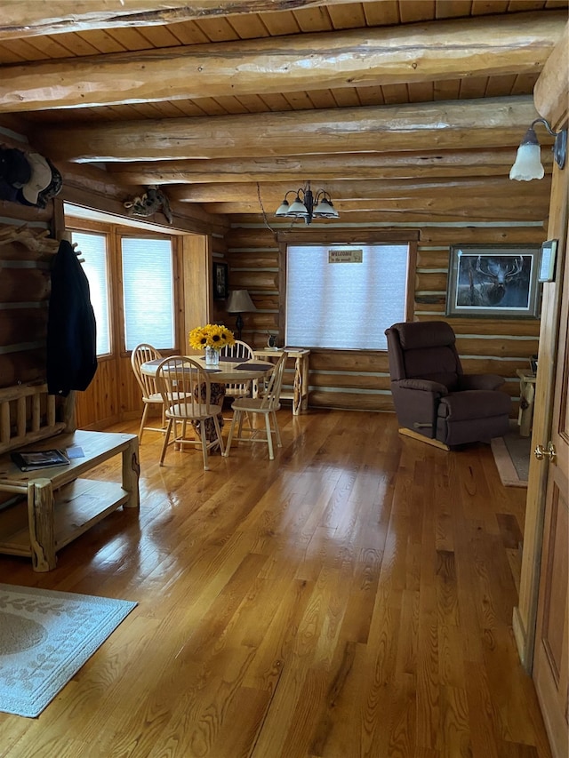 dining area with hardwood / wood-style flooring, beamed ceiling, wood ceiling, and rustic walls