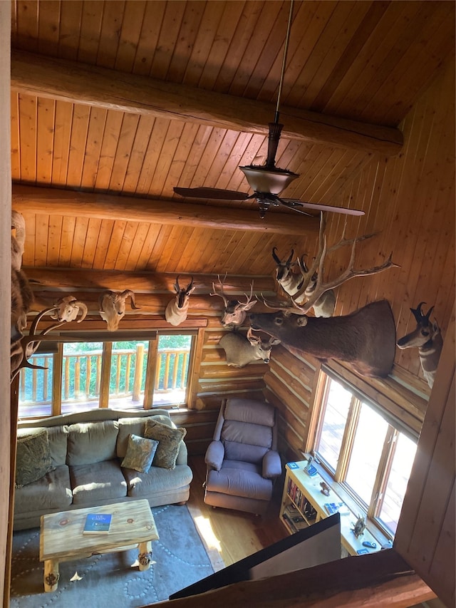 unfurnished living room featuring lofted ceiling with beams, wooden ceiling, hardwood / wood-style flooring, and rustic walls