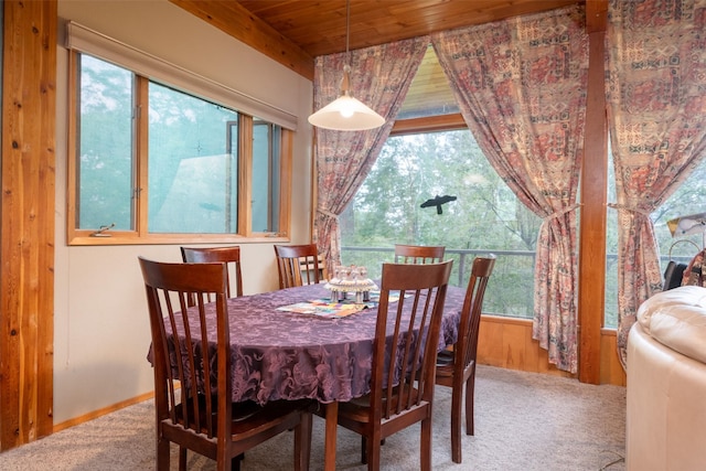 carpeted dining area with wood ceiling and plenty of natural light