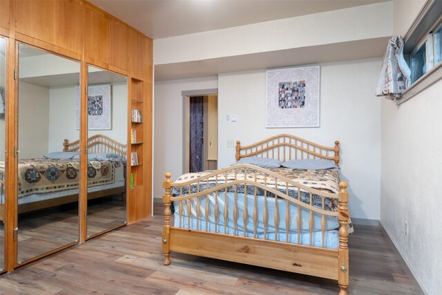 bedroom featuring wood-type flooring and a closet