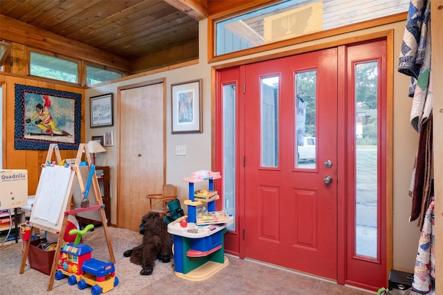 foyer with wood ceiling