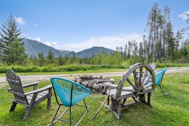 view of property's community featuring a lawn and a mountain view