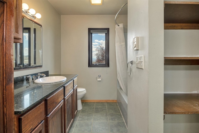 full bathroom featuring tile patterned flooring, vanity, shower / bath combination with curtain, and toilet