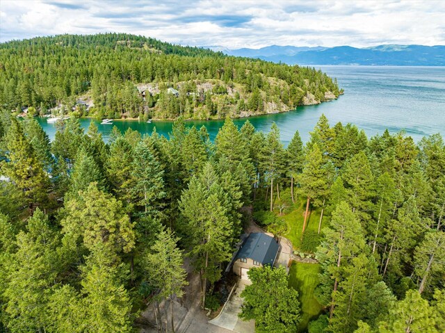 drone / aerial view featuring a water and mountain view