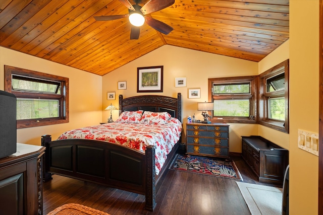 bedroom featuring wood ceiling, lofted ceiling, ceiling fan, and dark wood-type flooring