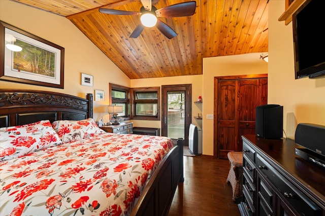 bedroom featuring ceiling fan, dark wood-type flooring, high vaulted ceiling, and wooden ceiling