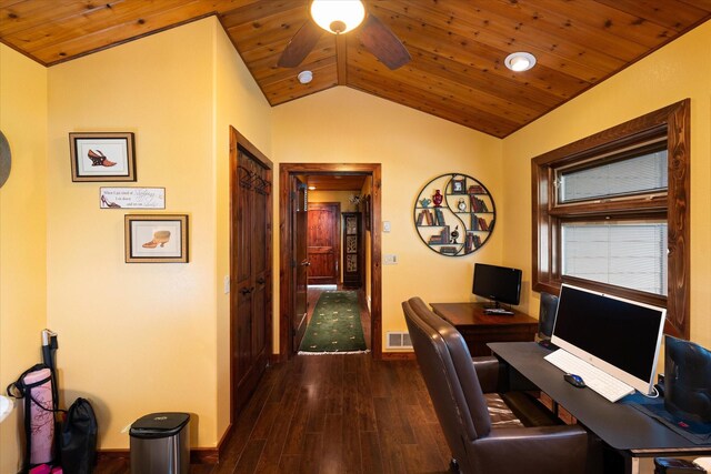 office featuring ceiling fan, dark hardwood / wood-style floors, high vaulted ceiling, and wooden ceiling