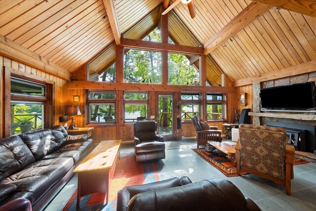 living room featuring ceiling fan, a fireplace, wooden walls, and high vaulted ceiling