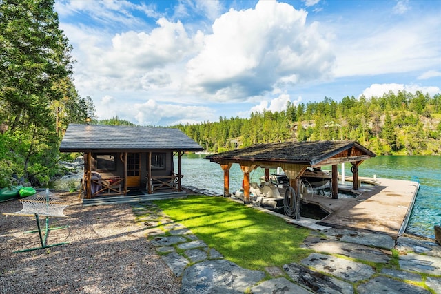 view of dock with a water view