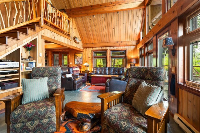 living room featuring high vaulted ceiling, a baseboard heating unit, and plenty of natural light