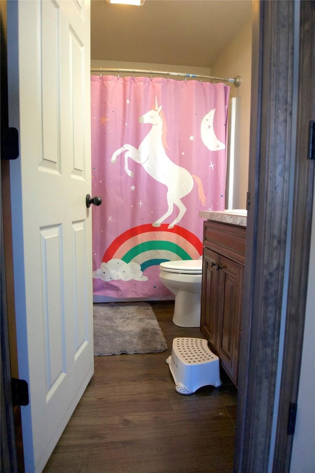 bathroom featuring vanity, wood-type flooring, and toilet