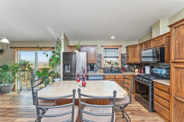 kitchen featuring appliances with stainless steel finishes, light hardwood / wood-style floors, sink, and a wealth of natural light