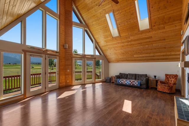 bonus room with a skylight, high vaulted ceiling, wooden ceiling, and hardwood / wood-style flooring