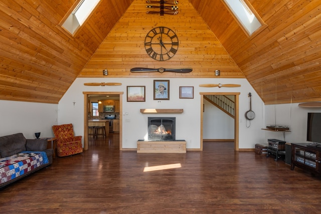 living room with a skylight, high vaulted ceiling, dark hardwood / wood-style floors, and wooden ceiling