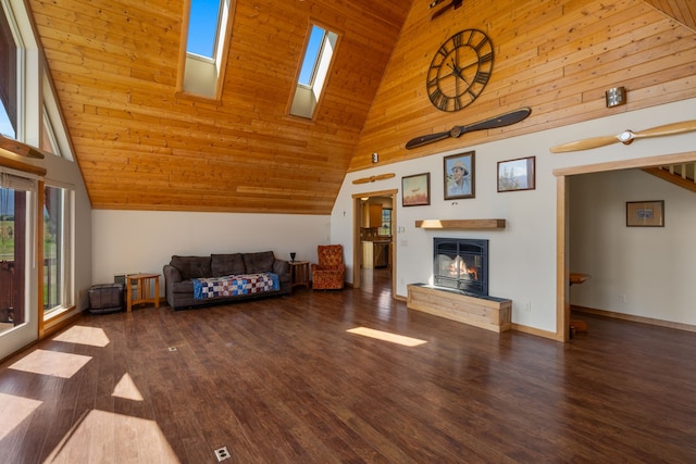 unfurnished living room with dark hardwood / wood-style flooring, wooden ceiling, high vaulted ceiling, and a skylight