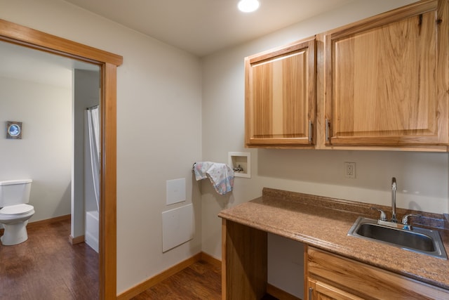 interior space with toilet, vanity, and hardwood / wood-style flooring